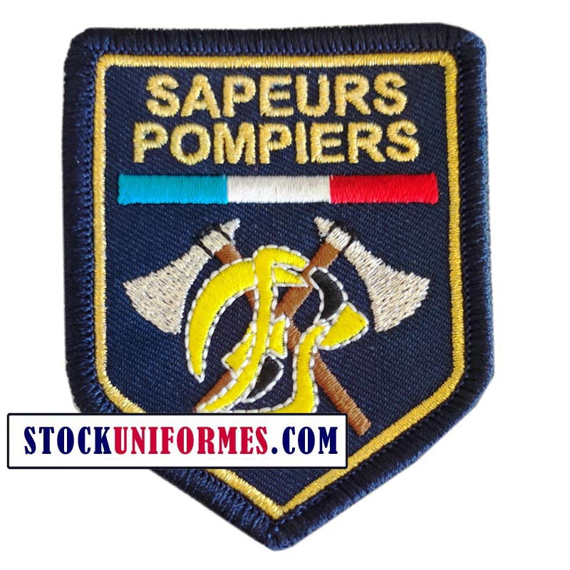 Ecusson Sapeurs-Pompiers sur velcro Casque Tricolore et haches. Ecusson Sapeurs-Pompiers sur velcro Casque Tricolore et haches.