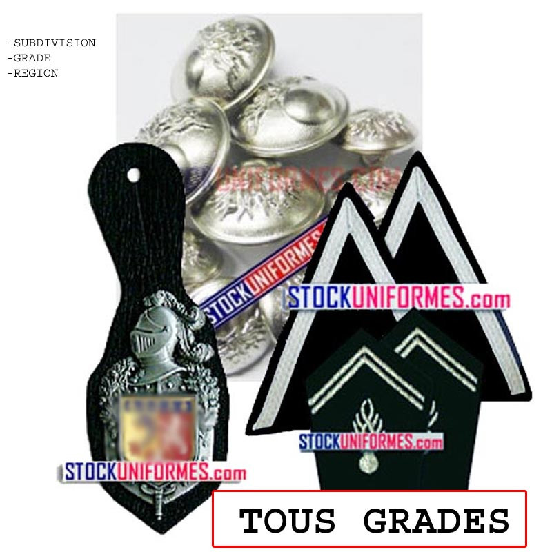 Lot de bouton Gendarmerie pour vareuse avec bas de manches, insignes de col, insigne complet de région Lot de bouton Gendarmerie pour vareuse avec bas de manches, insignes de col, insigne complet de région